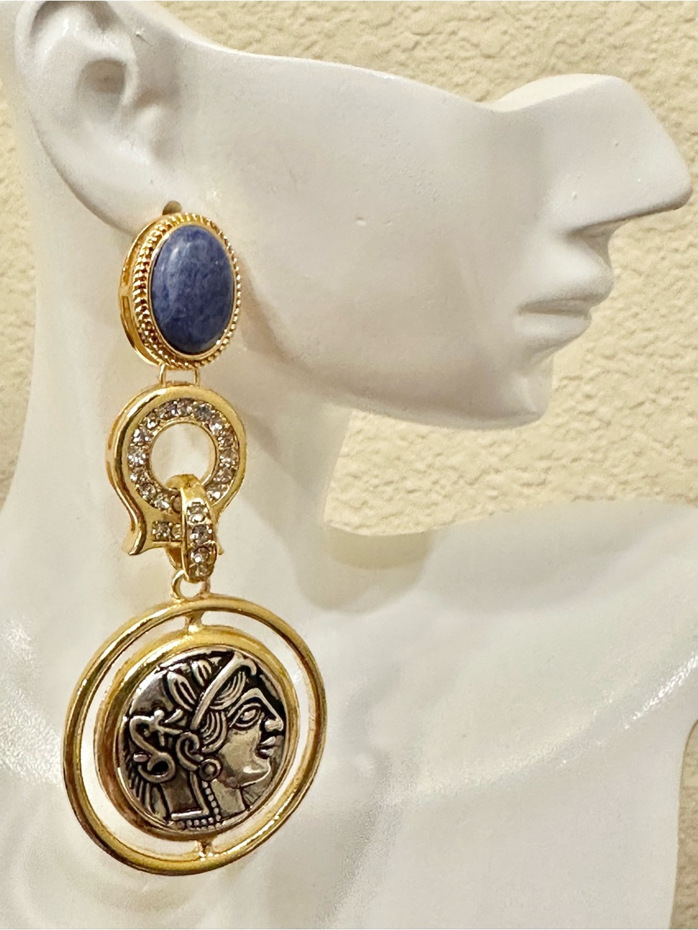 Gold-Tone Drop Earrings with Blue Stone and Coin Medallion